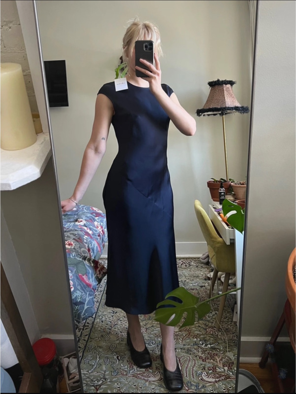 & Other Stories Navy Cap-Sleeve Satin Midi Dress